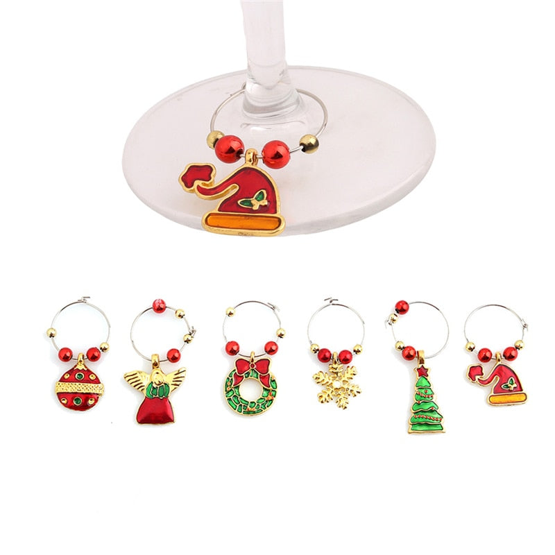 1Set Christmas Wine Glass Decor Charms Party New Year Cup Metal Ring D